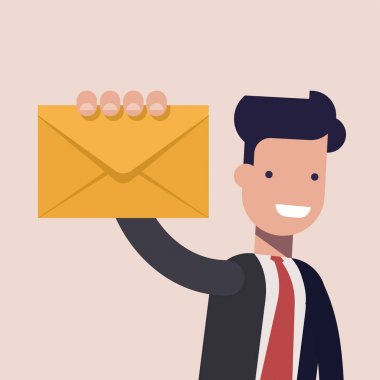 Mektubunun teslimini. Mutlu işadamı veya holding Yöneticisi elinde mektup kapalı. İş takım elbiseli adam. Vektör çizim karikatür stil yakın çekim.