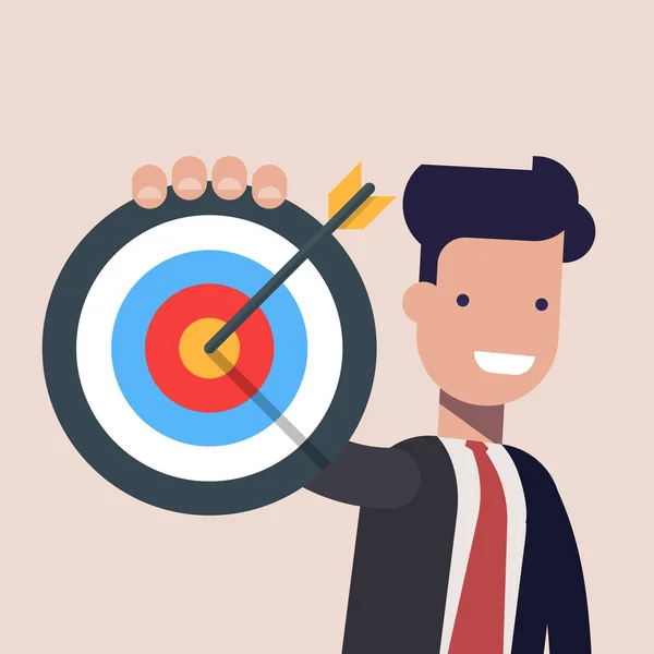 Businessman or manager pointing to the big target. Happy man dressed in a business suit. Flat vector illustration. — Stock Vector