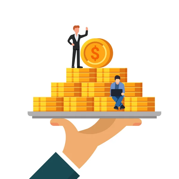 Pile of money on a tray. The concept of wealth or financial well-being. Small people work with coins. Flat vector illustration isolated on white background. — Stock Vector