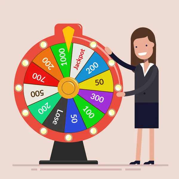 Businesswoman with Fortunes wheel. Business concept. Happy woman manager in a business suit. Flat vector illustration isolated. — Stock Vector