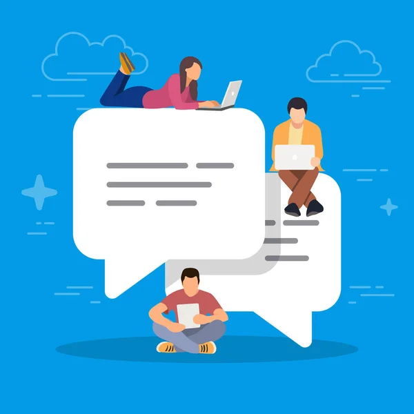 Speech bubbles for comment and reply. Young people using mobile smartphone for texting and leaving comments in social networks. Guys and women sitting. Concept vector illustration on blue background. — Stock Vector