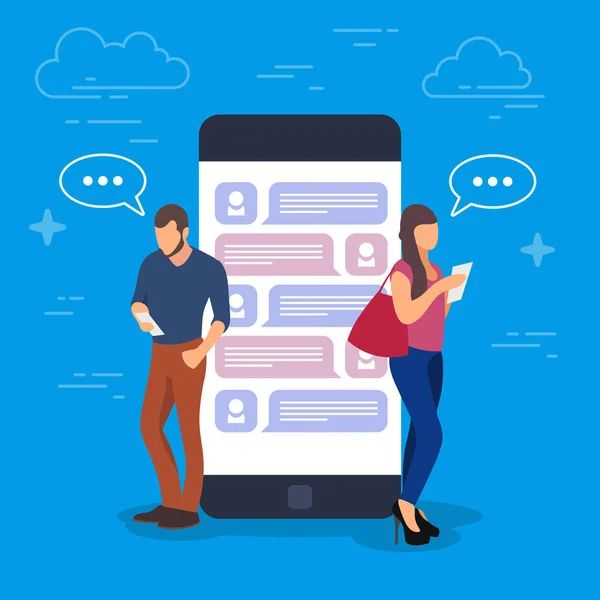 Chat koncepció illusztráció. Fiatal emberek használ mozgatható szerkentyű, mint a tábla-pc és smartphone állva egy nagy telefon, a párbeszéd, a képernyőn. — Stock Vector