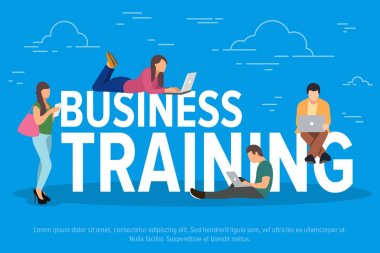 İş eğitim kavramı vektör çizim. Uzaktan çalışma ve profesyonel büyüme için cihazlar kullanarak iş adamları. Genç erkek ve kadınların dizüstü ekip çalışması için kullanarak düz kavramı.