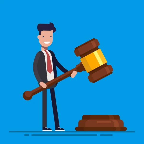 Business man of manager Houd in handen hamer Justitie symbool. Platte vectorillustratie in cartoon stijl geïsoleerd op blauwe achtergrond. — Stockvector