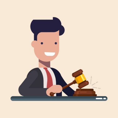 İş adamı veya Yöneticisi içinde tokmak adalet sembolü eller. Düz vektör çizim üzerinde mavi arka plan izole karikatür tarzı.