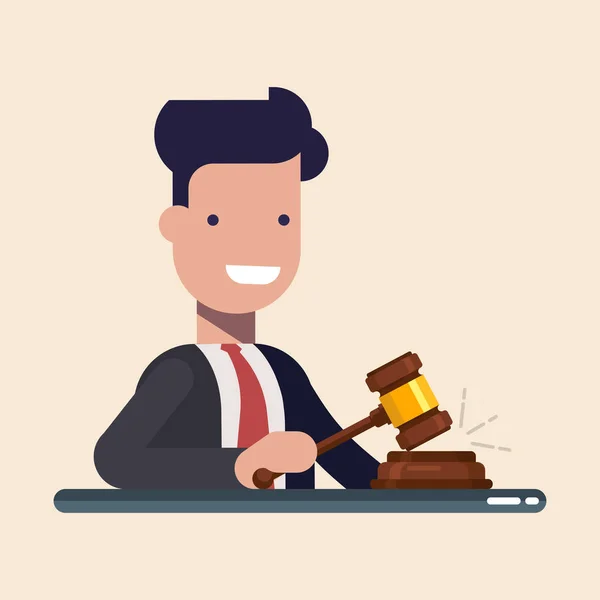 Business man of manager Houd in handen hamer Justitie symbool. Platte vectorillustratie in cartoon stijl geïsoleerd op blauwe achtergrond. — Stockvector