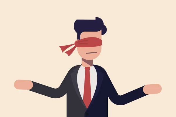 Overdekte oog. Geblinddoekt met rode doek. Concept besluiteloos zakenman of manager staande blind voordat een keuze. — Stockvector