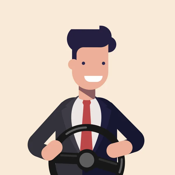 Młody człowiek lub biznesmen gospodarstwa czarne koła kierownicy. Ilustracja koncepcja Początkujący kierowcy. Nauka jazdy samochodem. — Wektor stockowy
