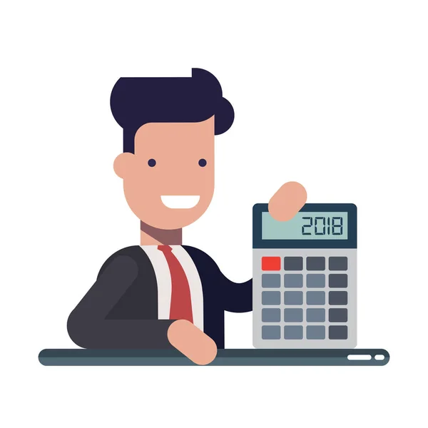 Young businessman or manager with calculator in hands. An experienced financier. The concept of financial literacy. Cartoon vector illustration. — Stock Vector