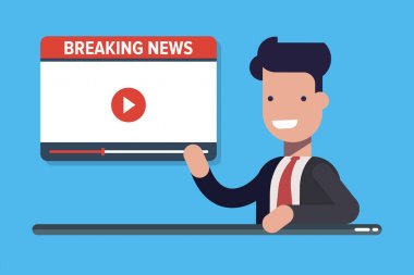 Televizyon muhabiri kopya alanı kavramı ile onun stüdyo masasında son dakika haberi söylüyorum. Üzerinde mavi arka plan izole karikatür düz vektör illusration.