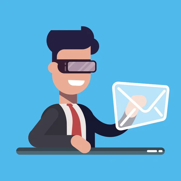 Businessman appuie sur le bouton message mail réalité virtuelle réseau email icône. Illustration vectorielle plate de bande dessinée isolée sur fond bleu . — Image vectorielle