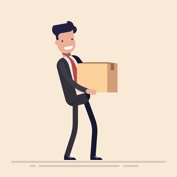 Young businessman or manager with a cardboard box in hands. The concept of moving to a new workplace. Cartoon flat vector illusration isolated on light background. — Stock Vector