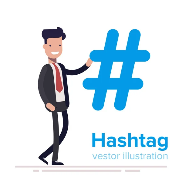 Concepto de hashtag. Promoción de las redes sociales. Descripción etiquetas. Redes sociales. Joven empresario o gerente mira hashtag. Ilustración vectorial diseño plano. Aislado sobre fondo blanco . — Vector de stock