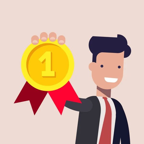 Joven empresario o gerente con la medalla de oro. Concepto de negocios y finanzas. Ilustración vectorial plana aislada sobre fondo claro . — Archivo Imágenes Vectoriales