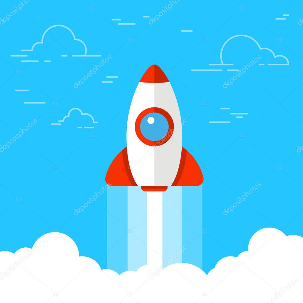 Rocket launch, ship. Concept of starting or launching a new business. Startup. Flat vector illustration.