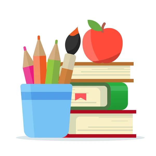 De illustratie van het concept van een student werkplek. Een stapel boeken met een appel, een glas met potloden en een borstel voor de tekening. Platte vectorillustratie geïsoleerd op witte achtergrond. — Stockvector