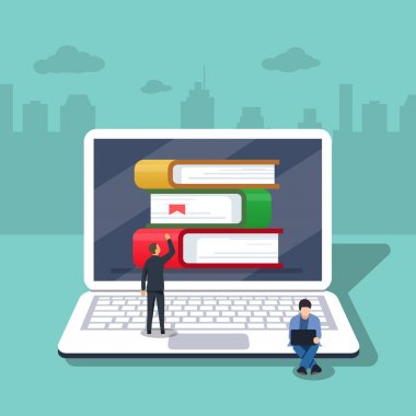 Düz çizgi film pc kitapları ile izole kavramı ebook Kütüphane, dijital online çalışma, simge görüntüsü. Vektör çizim. Küçük insanlar dizüstü bilgisayar arka plan üzerinde çalışıyoruz.
