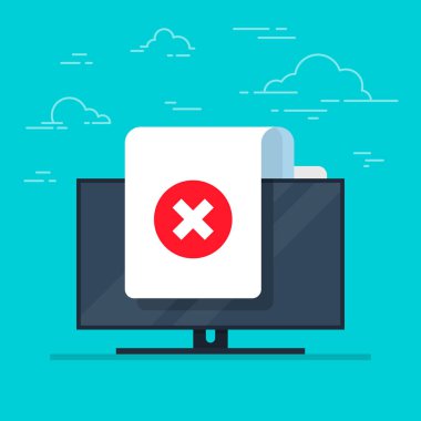 Belge ve vektör simge monitör arka plan üzerinde çapraz. Kavram ya da yanlış form veya ret sembolü. Düz çizgi film kağıt doktor sayfa Reddet onay işareti ile.