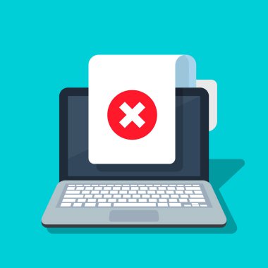 Belge ve vektör simgesi dizüstü bilgisayar arka plan üzerinde çapraz. Kavram ya da yanlış form veya ret sembolü. Düz çizgi film kağıt doktor sayfa Reddet onay işareti ile.