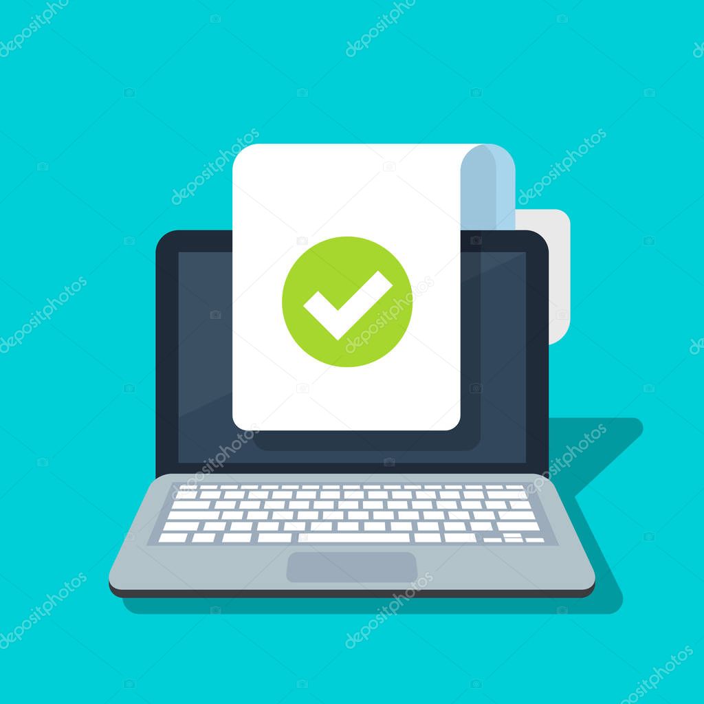 Document and checkmark vector icon on laptop background. Concept or correct form or agreement symbol. Flat cartoon paper doc page with approved tick sign.