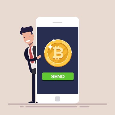 Bitcoin, cep telefonunuzdan gönderebilir. Kripto para birimine göre ödeme kavramı. İş adamı büyük bir telefon yanında duruyor.