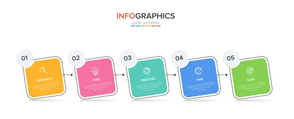 Infografik-Design mit Symbolen und 5 Optionen oder Schritten. Dünnlinienvektor. Infografik Geschäftskonzept. Kann für Informationsgrafiken, Flussdiagramme, Präsentationen, Websites, Banner, Druckmaterialien verwendet werden. — Stockvektor