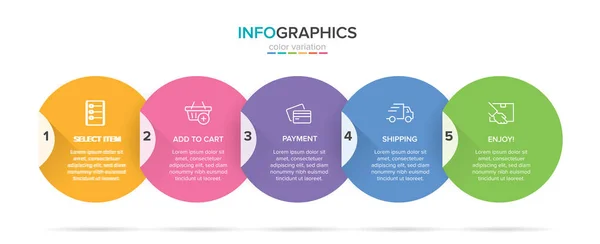 Konzept des Einkaufsprozesses mit 5 aufeinander folgenden Schritten. Fünf farbenfrohe grafische Elemente. Timeline-Design für Broschüre, Präsentation, Website. Gestaltung der Infografik. — Stockvektor