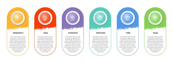 Concepto de modelo de negocio de flechas con 6 pasos sucesivos. Seis coloridos elementos gráficos. Diseño de cronología para folleto, presentación. Diseño infográfico — Vector de stock