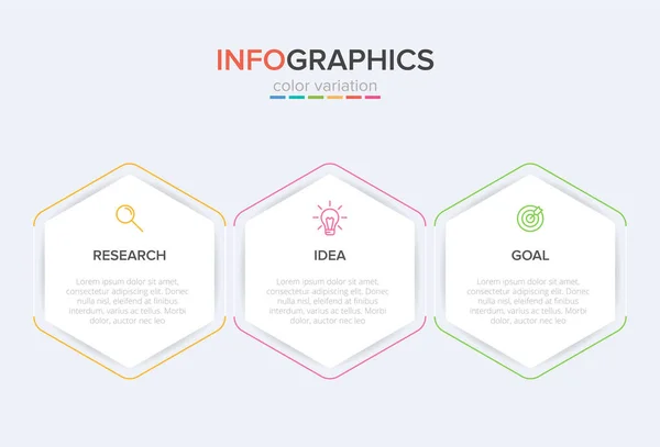 Concept de modèle d'affaires de flèche avec 3 étapes successives. Trois éléments graphiques colorés. Conception du calendrier pour la brochure, la présentation. Mise en page infographique. — Image vectorielle