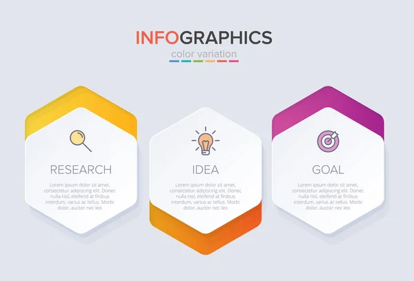 Koncepcja modelu biznesowego strzałki z 3 kolejnych etapów. Trzy kolorowe elementy graficzne. Projekt graficzny broszury, prezentacja. Układ projektu infograficznego. — Wektor stockowy