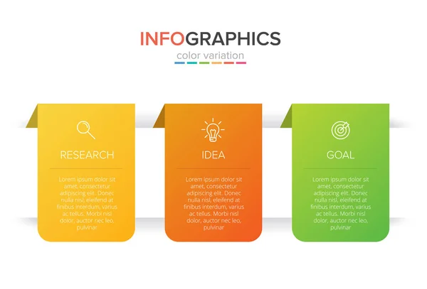 Konzept des Pfeil-Geschäftsmodells mit 3 aufeinander folgenden Schritten. Drei farbenfrohe grafische Elemente. Timeline-Design für Broschüre, Präsentation. Gestaltung der Infografik. — Stockvektor