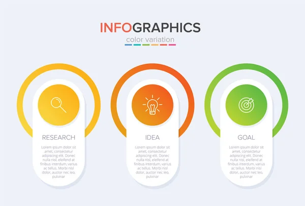Konzept des Pfeil-Geschäftsmodells mit 3 aufeinander folgenden Schritten. Drei farbenfrohe grafische Elemente. Timeline-Design für Broschüre, Präsentation. Gestaltung der Infografik. — Stockvektor
