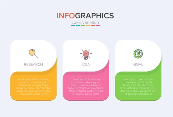 Konzept des Pfeil-Geschäftsmodells mit 3 aufeinander folgenden Schritten. Drei farbenfrohe grafische Elemente. Timeline-Design für Broschüre, Präsentation. Gestaltung der Infografik. — Stockvektor