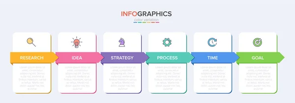 Ardışık 6 adımlı ok iş modeli kavramı. Altı renkli grafik elementi. Broşür ve sunum için zaman çizelgesi tasarımı. Infographic tasarım düzeni — Stok Vektör