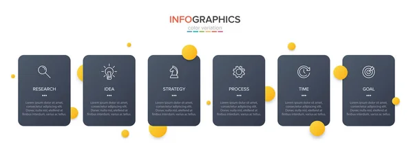 Ardışık 6 adımlı ok iş modeli kavramı. Altı renkli grafik elementi. Broşür ve sunum için zaman çizelgesi tasarımı. Infographic tasarım düzeni — Stok Vektör