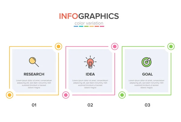 Conceito de modelo de negócio de seta com 3 etapas sucessivas. Três elementos gráficos coloridos. Design de linha do tempo para brochura, apresentação. Layout de design infográfico . — Vetor de Stock