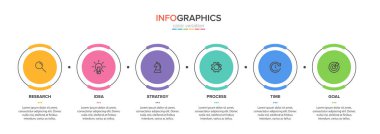 Ardışık 6 adımlı ok iş modeli kavramı. Altı renkli grafik elementi. Broşür ve sunum için zaman çizelgesi tasarımı. Infographic tasarım düzeni