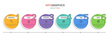 Ardışık 6 adımlı ok iş modeli kavramı. Altı renkli grafik elementi. Broşür ve sunum için zaman çizelgesi tasarımı. Infographic tasarım düzeni
