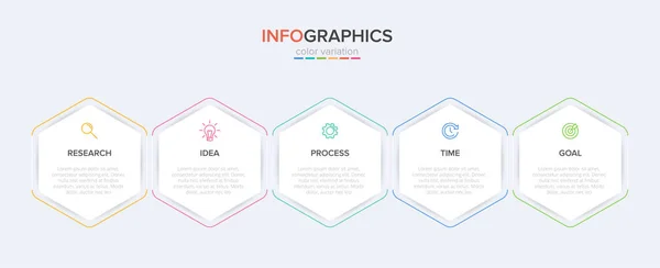 Infografik-Design mit Symbolen und 5 Optionen oder Schritten. Dünnlinienvektor. Infografik Geschäftskonzept. Kann für Informationsgrafiken, Flussdiagramme, Präsentationen, Websites, Banner, Druckmaterialien verwendet werden. — Stockvektor