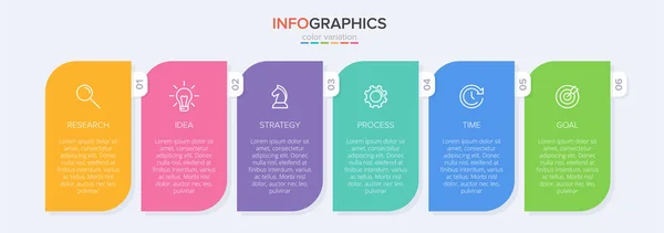 Concepto de modelo de negocio de flechas con 6 pasos sucesivos. Seis coloridos elementos gráficos. Diseño de cronología para folleto, presentación. Diseño infográfico — Archivo Imágenes Vectoriales