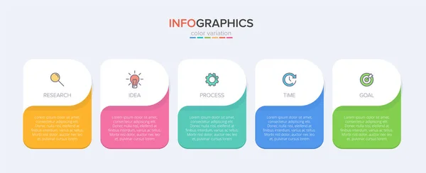 Infografik-Design mit Symbolen und 5 Optionen oder Schritten. Dünnlinienvektor. Infografik Geschäftskonzept. Kann für Informationsgrafiken, Flussdiagramme, Präsentationen, Websites, Banner, Druckmaterialien verwendet werden. — Stockvektor