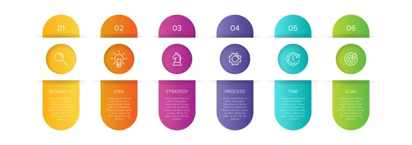 Concepto de modelo de negocio de flechas con 6 pasos sucesivos. Seis coloridos elementos gráficos. Diseño de cronología para folleto, presentación. Diseño infográfico — Vector de stock