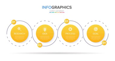 Simgeli ve 4 basamaklı bilgi tasarımı. İnce çizgi vektörü. Bilgi işlem iş konsepti. Bilgi grafikleri, akış grafikleri, sunumlar, web siteleri, afişler, yazılı materyaller için kullanılabilir.