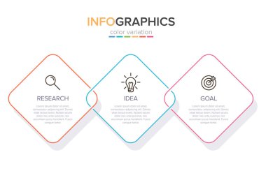 Ardışık üç adımlı ok iş modeli kavramı. Üç renkli grafik öğe. Broşür ve sunum için zaman çizelgesi tasarımı. Infographic tasarım düzeni.