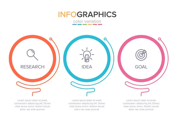 Konzept des Pfeil-Geschäftsmodells mit 3 aufeinander folgenden Schritten. Drei farbenfrohe grafische Elemente. Timeline-Design für Broschüre, Präsentation. Gestaltung der Infografik. — Stockvektor