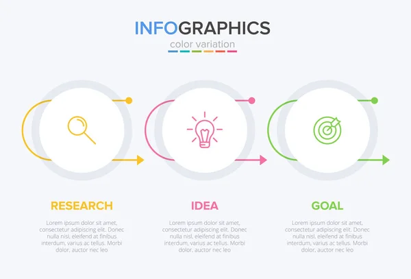 Concepto de modelo de negocio de flechas con 3 pasos sucesivos. Tres coloridos elementos gráficos. Diseño de cronología para folleto, presentación. Diseño infográfico. — Archivo Imágenes Vectoriales
