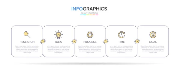 Design infográfico com ícones e 5 opções ou passos. Vetor de linha fina. Conceito de negócio de infográficos. Pode ser usado para gráficos de informações, fluxogramas, apresentações, sites, banners, materiais impressos. — Vetor de Stock