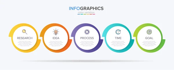 Conception infographique avec icônes et 5 options ou étapes. Vecteur de lignes minces. Infographie concept d'entreprise. Peut être utilisé pour les graphiques d'information, organigrammes, présentations, sites Web, bannières, documents imprimés. — Image vectorielle