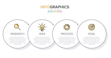Simgeli ve 4 basamaklı bilgi tasarımı. İnce çizgi vektörü. Bilgi işlem iş konsepti. Bilgi grafikleri, akış grafikleri, sunumlar, web siteleri, afişler, yazılı materyaller için kullanılabilir.