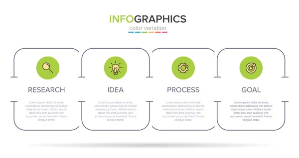 Infografisk design med ikoner och 4 alternativ eller steg. Tunn linje vektor. Affärsidé för informationsgrafik. Kan användas för informationsgrafik, flödesscheman, presentationer, webbplatser, banderoller, trycksaker. — Stock vektor